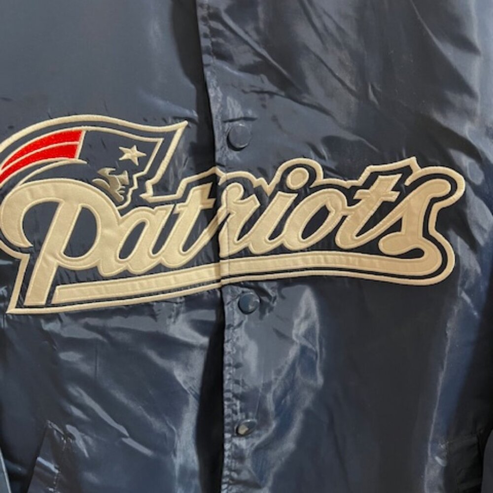 NFL New England Patriots Bomber Jacket Men Large Navy Blue Satin Varsity Snap
